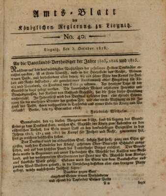 Amts-Blatt der Preußischen Regierung zu Liegnitz Samstag 3. Oktober 1818