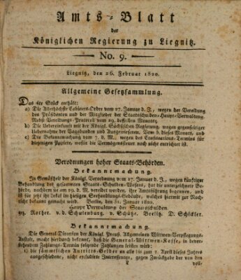 Amts-Blatt der Preußischen Regierung zu Liegnitz Samstag 26. Februar 1820