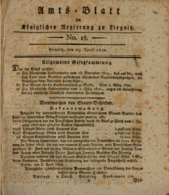 Amts-Blatt der Preußischen Regierung zu Liegnitz Samstag 29. April 1820