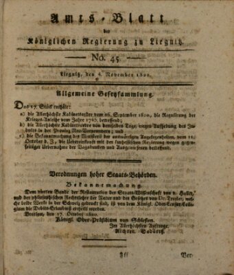 Amts-Blatt der Preußischen Regierung zu Liegnitz Samstag 4. November 1820