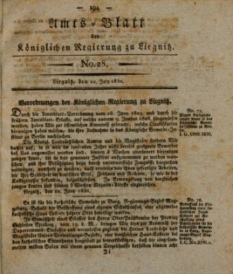 Amts-Blatt der Preußischen Regierung zu Liegnitz Samstag 10. Juli 1830