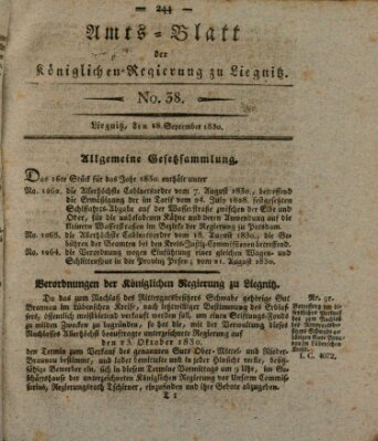 Amts-Blatt der Preußischen Regierung zu Liegnitz Samstag 18. September 1830