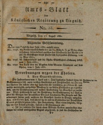 Amts-Blatt der Preußischen Regierung zu Liegnitz Samstag 13. August 1831