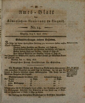 Amts-Blatt der Preußischen Regierung zu Liegnitz Samstag 6. April 1833