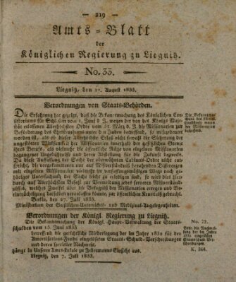 Amts-Blatt der Preußischen Regierung zu Liegnitz Samstag 17. August 1833