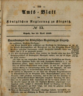 Amts-Blatt der Preußischen Regierung zu Liegnitz Samstag 13. April 1839