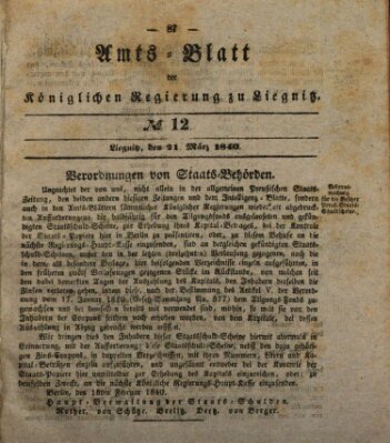 Amts-Blatt der Preußischen Regierung zu Liegnitz Samstag 21. März 1840