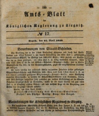 Amts-Blatt der Preußischen Regierung zu Liegnitz Samstag 25. April 1840