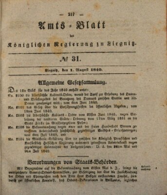 Amts-Blatt der Preußischen Regierung zu Liegnitz Samstag 1. August 1840