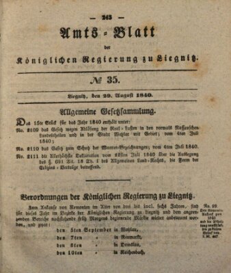 Amts-Blatt der Preußischen Regierung zu Liegnitz Samstag 29. August 1840