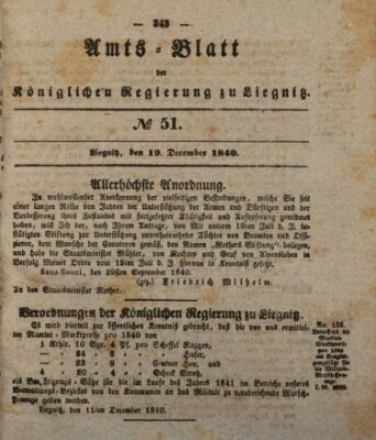 Amts-Blatt der Preußischen Regierung zu Liegnitz Samstag 19. Dezember 1840