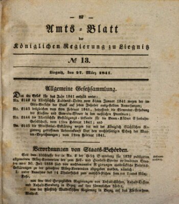 Amts-Blatt der Preußischen Regierung zu Liegnitz Samstag 27. März 1841