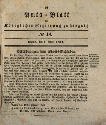 Amts-Blatt der Preußischen Regierung zu Liegnitz Samstag 3. April 1841