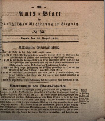 Amts-Blatt der Preußischen Regierung zu Liegnitz Samstag 14. August 1841