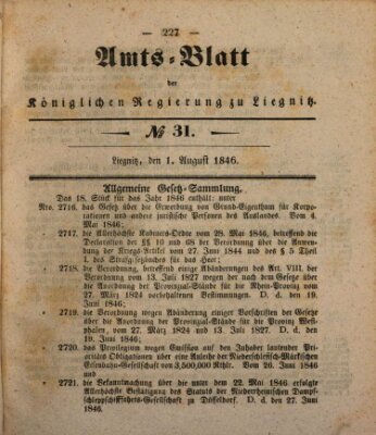 Amts-Blatt der Preußischen Regierung zu Liegnitz Samstag 1. August 1846