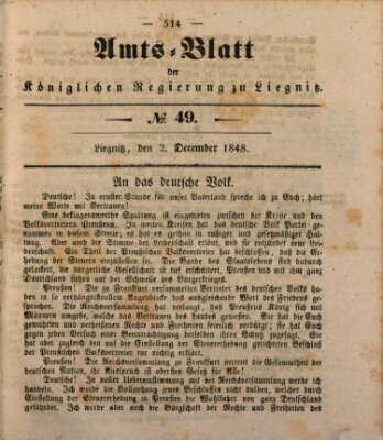 Amts-Blatt der Preußischen Regierung zu Liegnitz Samstag 2. Dezember 1848