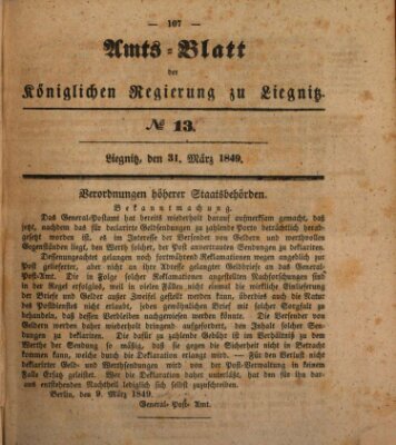 Amts-Blatt der Preußischen Regierung zu Liegnitz Samstag 31. März 1849