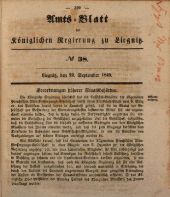 Amts-Blatt der Preußischen Regierung zu Liegnitz Samstag 22. September 1849