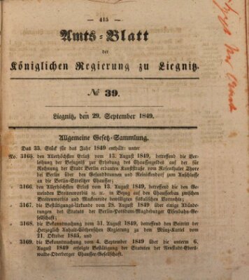 Amts-Blatt der Preußischen Regierung zu Liegnitz Samstag 29. September 1849