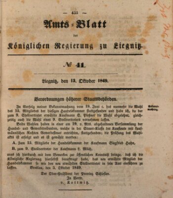 Amts-Blatt der Preußischen Regierung zu Liegnitz Samstag 13. Oktober 1849