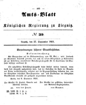 Amts-Blatt der Preußischen Regierung zu Liegnitz Samstag 27. September 1851