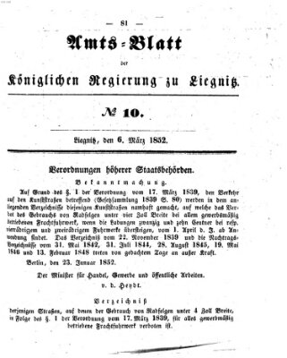 Amts-Blatt der Preußischen Regierung zu Liegnitz Samstag 6. März 1852