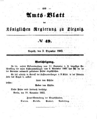 Amts-Blatt der Preußischen Regierung zu Liegnitz Samstag 3. Dezember 1853