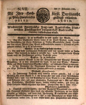 Zweybrückisches Wochenblatt (Zweibrücker Wochenblatt) Dienstag 17. Februar 1767