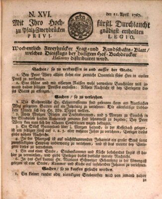 Zweybrückisches Wochenblatt (Zweibrücker Wochenblatt) Dienstag 21. April 1767