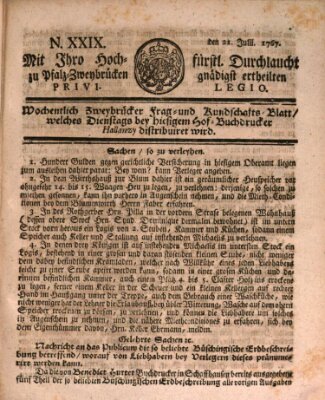 Zweybrückisches Wochenblatt (Zweibrücker Wochenblatt) Dienstag 21. Juli 1767