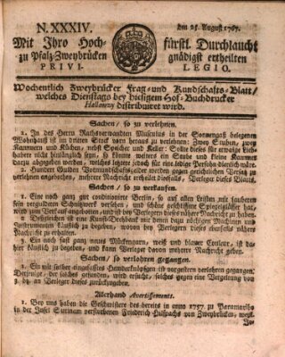 Zweybrückisches Wochenblatt (Zweibrücker Wochenblatt) Dienstag 25. August 1767