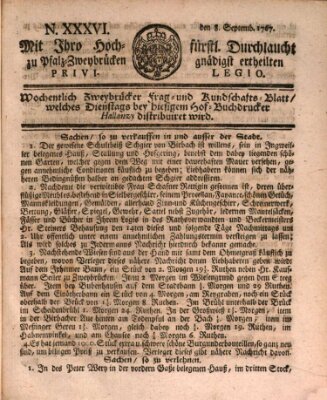 Zweybrückisches Wochenblatt (Zweibrücker Wochenblatt) Dienstag 8. September 1767