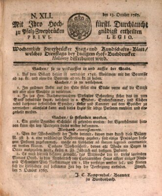 Zweybrückisches Wochenblatt (Zweibrücker Wochenblatt) Dienstag 13. Oktober 1767