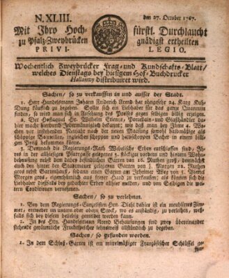 Zweybrückisches Wochenblatt (Zweibrücker Wochenblatt) Dienstag 27. Oktober 1767