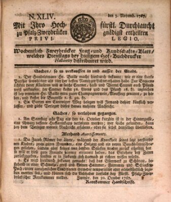 Zweybrückisches Wochenblatt (Zweibrücker Wochenblatt) Dienstag 3. November 1767