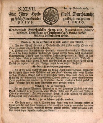 Zweybrückisches Wochenblatt (Zweibrücker Wochenblatt) Dienstag 24. November 1767