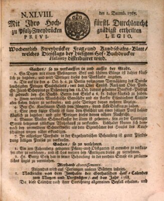 Zweybrückisches Wochenblatt (Zweibrücker Wochenblatt) Dienstag 1. Dezember 1767