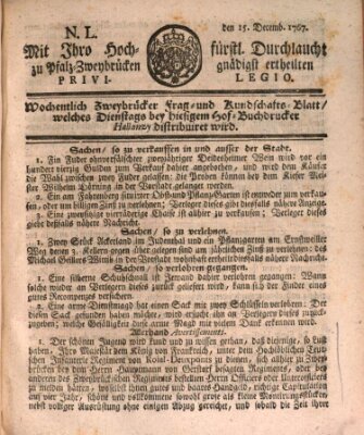 Zweybrückisches Wochenblatt (Zweibrücker Wochenblatt) Dienstag 15. Dezember 1767