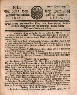 Zweybrückisches Wochenblatt (Zweibrücker Wochenblatt) Dienstag 22. Dezember 1767