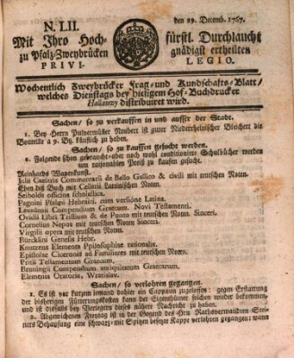 Zweybrückisches Wochenblatt (Zweibrücker Wochenblatt) Dienstag 29. Dezember 1767