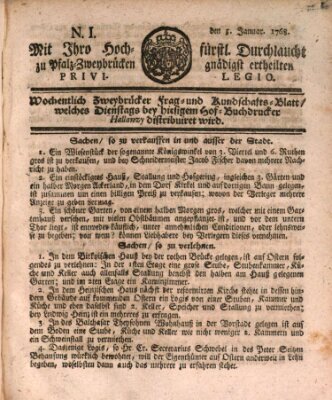 Zweybrückisches Wochenblatt (Zweibrücker Wochenblatt) Dienstag 5. Januar 1768