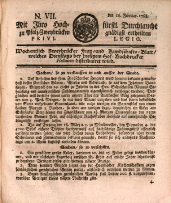 Zweybrückisches Wochenblatt (Zweibrücker Wochenblatt) Dienstag 16. Februar 1768