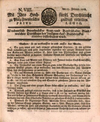 Zweybrückisches Wochenblatt (Zweibrücker Wochenblatt) Dienstag 23. Februar 1768