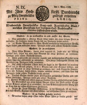 Zweybrückisches Wochenblatt (Zweibrücker Wochenblatt) Dienstag 1. März 1768