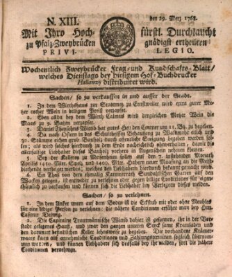 Zweybrückisches Wochenblatt (Zweibrücker Wochenblatt) Dienstag 29. März 1768