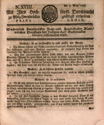 Zweybrückisches Wochenblatt (Zweibrücker Wochenblatt) Dienstag 3. Mai 1768