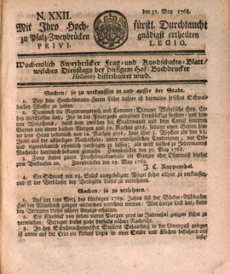 Zweybrückisches Wochenblatt (Zweibrücker Wochenblatt) Dienstag 31. Mai 1768