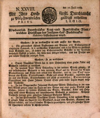 Zweybrückisches Wochenblatt (Zweibrücker Wochenblatt) Dienstag 12. Juli 1768