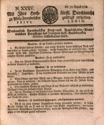 Zweybrückisches Wochenblatt (Zweibrücker Wochenblatt) Dienstag 30. August 1768