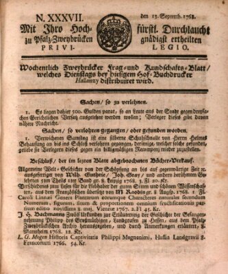 Zweybrückisches Wochenblatt (Zweibrücker Wochenblatt) Dienstag 13. September 1768